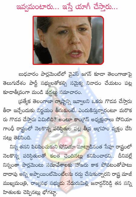 sonia gandhi,telangana,ys jagan,congres,mps,parlement,tdp  sonia gandhi, telangana, ys jagan, congres, mps, parlement, tdp